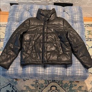 Faux Leather Black Puffer Jacket Large